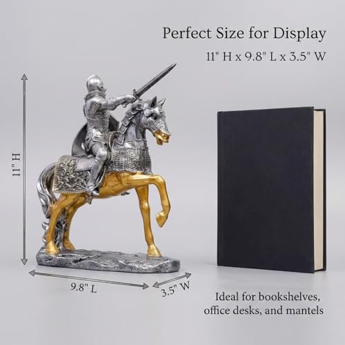 YANTIANCAI Medieval Knight Statue with Sword & Shield - Antique Silver & Gold Armored Crusader Figurine - Resin Warrior Sculpture for Bookshelf, Office Desk & History Buff Gifts (11 Inches Tall) - image 2
