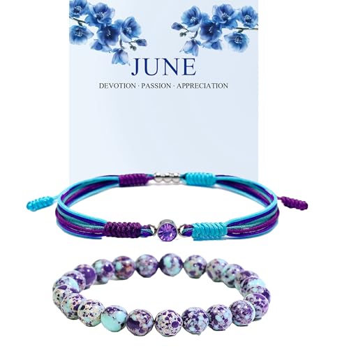 Crgwxzl June Birthstone Bracelets for Women Men Healing Crystal Protection Stone Blue Purple Imperial Jasper Beads Bracelet String Wrap Zodiac Month Bracelets Birthday Jewelry Gifts