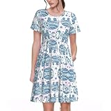 Boho Elephant - Vestido de verano para mujer, casual, de manga corta, acampanado, con bolsillos, Negro, S