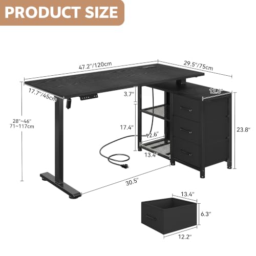 Image of 47 Inch L Shaped Desk with 3 Drawers Electric Standing Desks Black | with Storage Computer Table Adjustable Height with Power Outlets 4 Memory Presets for Home Office, Black