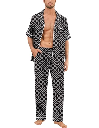 Image of SWOMOG Mens Silk Pajamas Set Satin Pj Set Short Sleeve Sleepwear Button Down Lounge Set with Drawstring & Pockets S-3XL
