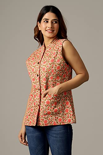 Image of Ravaiyaa - Attitude is everything Women's Floral Printed Reversible Quilted Jacket Coat Blazer Jacket Sleeve Less Waistcoat