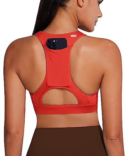 Image of QUEENIEKE BareFlow Women's Sports Bras with Phone Pocket Medium Impact Padded Racerback Workout Gym Crop Top Running Yoga Bra