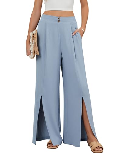 Blooming Jelly Women Palazzo Pants Wide Leg Center Split Casual Pants Flowy Elastic High Waisted Trousers Vacation Outfits