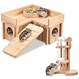 Sonwyoung Hamster Cage Accessories, 4 Pcs Wooden Dwarf Hamster Hideout House with Ladder Platform, Feeding Bowl, Water Bottle with Holder Stand for Gerbil Rat Mice Small Animal Habitat Decor