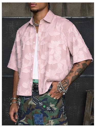 Men's Floral Button Down Crop Shirt Half Sleeve Collared Cropped Top Streetwear 70s Hippie Shirts3