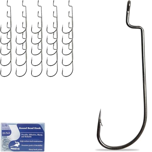 Pristis 25 Pack 1/0 Round Bend Worm Hooks, 3X Strong High Carbon Steel