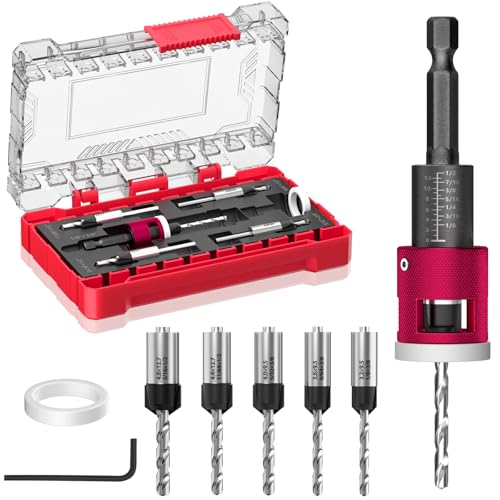 BURMONG 5-Piece Countersink Drill Bit Set with Adjustable Depth Stop, 1/4