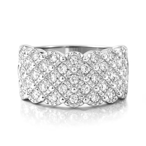 FAIRY COUPLE 11mm Wide Chunky Pave Band Ring for Women, Multi-Row CZ Statement Ring, 18K White Gold Plated Thick Cigar Band, Tapered Comfort Fit Fashion Jewelry R238 (6.5)