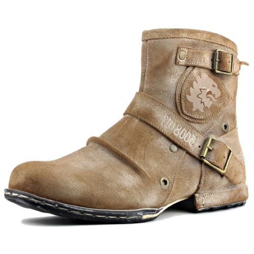 Image of Leather Casual Motorcycle Combat Chukka Western Dress Ankle Boots for Men with Side Zipper CD-5008-1-ABNHD