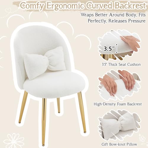 Miniatura 4 de Bonnlo Silla De Maquillaje, Silla Tocador, Sillas De Comedor, Patas Doradas Ajustables Y Cojín Con Lazo Para Dormitorio, Sillón Salón Para Tocador U Oficina En Casa Tejido Teddy, Blanco