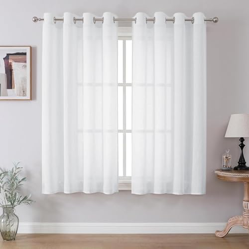 CUCRAF Leinenoptik Weiß Voile Vorhänge mit Ösen Halbtransparent Gardine für Schlafzimmer Wohnzimmer H175 x B140cm 2er Set