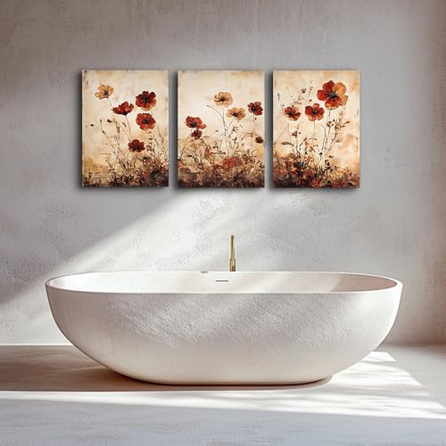 DZRWUBHS Boho Wall Art For Living Room Minimalist Wall Decor For Bedroom Vintage Flowers Pictures Office Decorations Bathroom Canvas Prints Modern Aesthetic Home Decor Artwork 3 Piece Ready To Hang