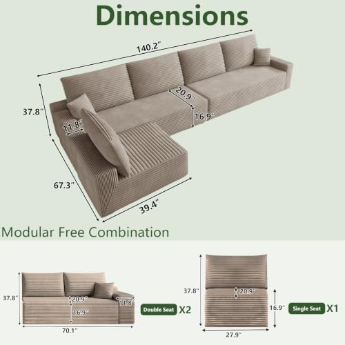 Image of Oversized Modular Sectional Sofa Couch, Large 6 Seater Corner Sofa Modern L Shaped Sectional Couch Cloud Couches for Living Room, Office, Spacious Space, Corduroy, No Assembly Required, Camel