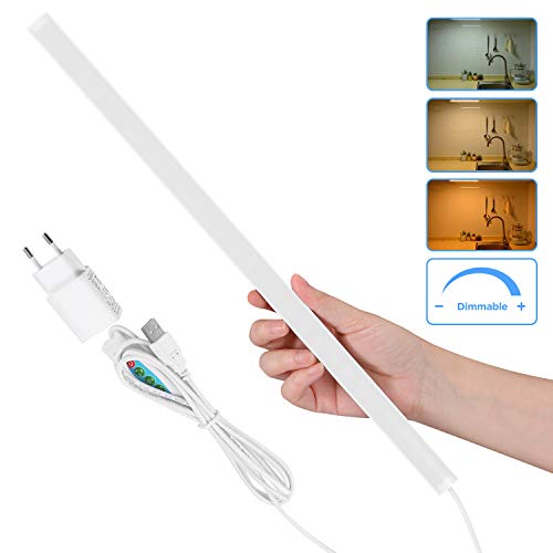 SOAIY 40CM 900LM 7W Luz LED cocina bajo armario con 3 Colores, LED lámpara bajo Mueble, Regleta LED regulable con interruptor a mando, Cable de 2 metros con fuente de alimentación USB