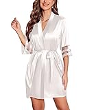 Ekouaer Women's Satin Robe Silk Kimono Bathrobe Bridesmaid Wedding Bridal Party Robes 3/4 Bell Sleeve Sleepwear White S