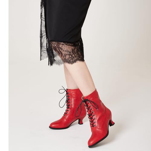 Image of Women's Victorian Ankle Boots - Mid Calf, Round Toe, Black Boots with Chunky Heel & Lace Up Detail