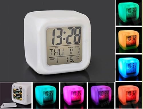 Relogio de Mesa Cabeceira Cube LED 7 Cores Alarme Despertador Calendario Temperatura Som Alto RGB Li