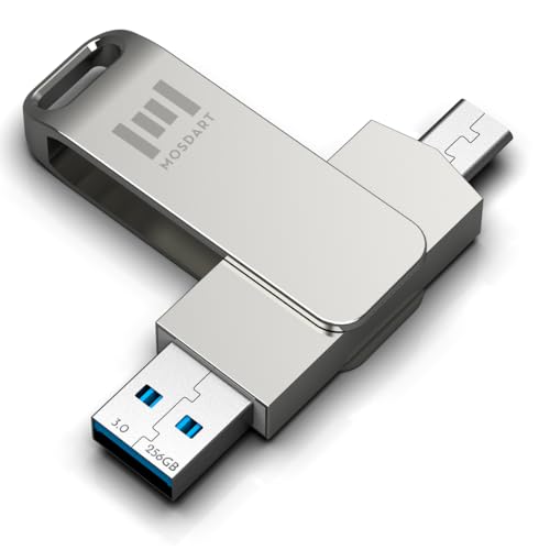 Image of MOSDART 256GB USB C 3.2 Fast Speed C and A Dual Flash Drive, exFAT Memory Stick with Keychain Loop, for iPhone 15,16,17, Android Phone, iPad, MacBook, Silver