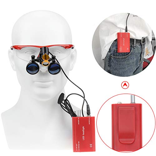 BONEW 3,5 x chirurgische Fernglaslupe aus optischem Glas + 5 W LED-Scheinwerfer, leistungsstarkes Licht mit Clip-Typ + Stoffbeutel DY-008 (rot)