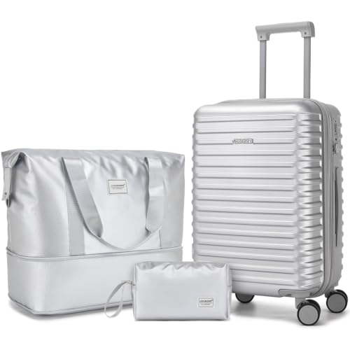 LARVENDER Expandable Carry on Luggage 20inch Suitcase with Wheels, Silver