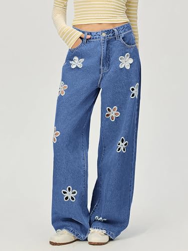 chouyatou Women's Y2k Baggy Wide Leg Denim Pants Hollow Out Flower Boyfriend Mid Rise Barrel Jeans with Pockets4