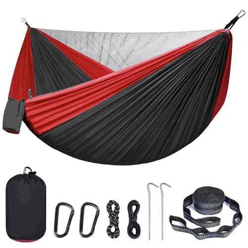Portable Double Camping Hammock with Mos-Quito Net - 2-Person Lightweight Nylon Parachute Hammock for Outdoor Camping, Hiking, and Travel