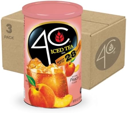 4C Powdered Drink Mix Cannisters, Peach Tea 3 Pack, 28 Quarts, Family Sized Cannister, Thirst Quenching & Refreshing Flavors