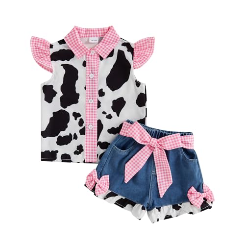 Mialoley Toddler Girl Denim Western Outfit Baby Cowgirl Clothes Ruffle Cow Print Shirt Button Down Tops Belted Jeans Shorts (Pink 2-3 Years)