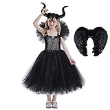 Cafele Maleficent Witch Dress Black Tulle Skirts with Horns and Feather Wing Cape Halloween Costumes...