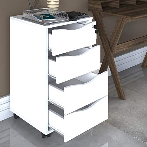 Gaveteiro Organizador com Rodinhas e Chave, 4 Gavetas, Branco, Bit, Artany