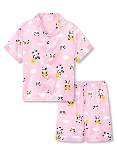 Beezizac Girls Pajama Satin Silky Panda Pink Comfy Short Sleeve Set Cute 2-Piece Summer Jammies Kid Size 10