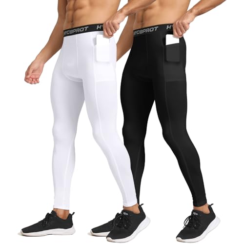 HYCOPROT 2er Pack Herren Kompressionshose mit Taschen Schnelltrocknende Laufhose Sportleggings Baselayer Leggings Atmungsaktiv Funktionsunterhose für Basketball Fitness (Schwarz/Weiß, XL)