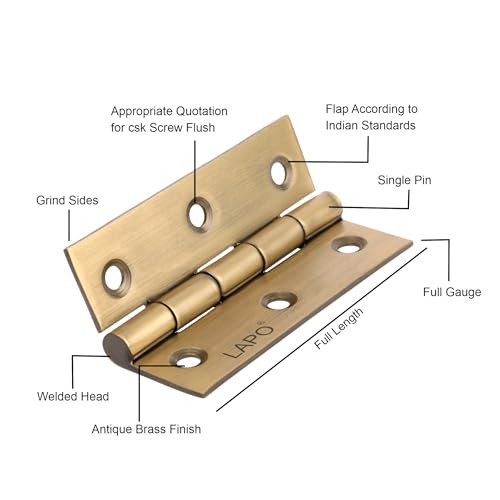 Image of LAPO Stainless Steel Door Hinges, 3 Inch x 14 Gauge /1.5mm Thickness, Plain Joint Butt Hinges, Seamless Movement Performance, Strong Kabja for Window Doors, 5 Years Warranty, Antique Finish, Pack of 3