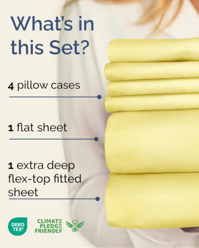 Image of CGK Unlimited Extra Deep Flex Top Split Head King Sheet Set - 6 Piece Breathable and Cooling Sheets - Hotel Luxury Bedding for Women, Men, Kids & Teens - Easy Secure Fit - Extra Deep Pockets - Yellow