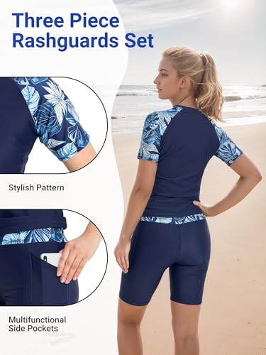 Owntop Damska 3-częściowa ochrona przed wysypką | Koszulka do pływania UPF50+ UV | Koszulki Rashguard z krótkim rękawem i top bikini i szorty typu boyshorts z wysokim stanem | Skromne stroje kąpielowe