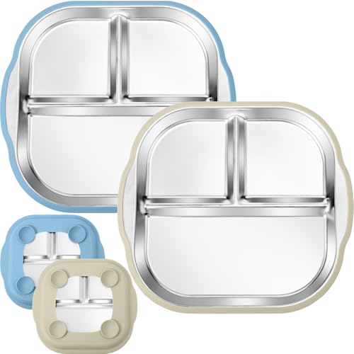 Image of BUSOHA 2 Pack Stainless Steel Kids Plate with Suction - 9.4"X 8.6" Divided Toddler Baby Plates with Silicone Sleeves 2-in-1 Non-Slip Anti Breakage Metal Toddler Bowls