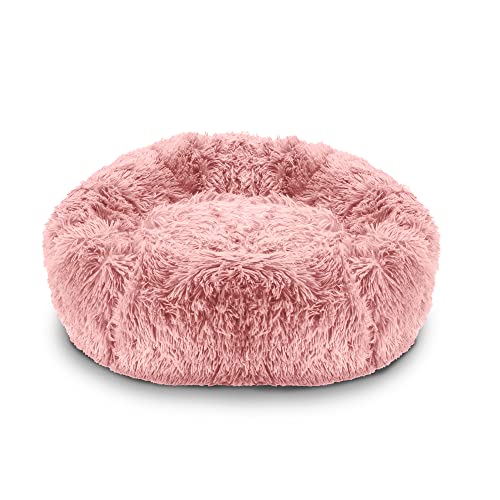 Pawamore Stress Relief Anxiety Pet Calming Comfort Round Noodle Donut Cushion Nest Cat Dog Bed with Warm Soft Plush Cover (Small | 50cm Diameter, Dusty Pink)
