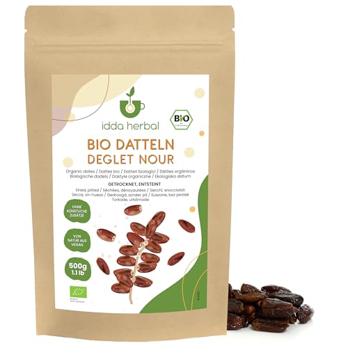 IDDA Herbal Datteln entsteint Deglet Nour BIO 500g, getrocknete entsteinte Datteln bio, Fruchtsnack