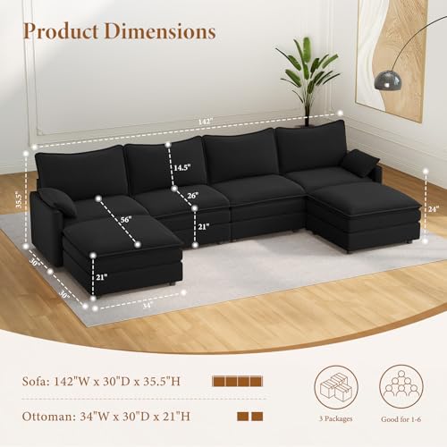 Image of Vesgantti 142 inch U Shaped Sectional Couch, Comfy Cloud Modular Sectional Sofa with 2 Ottoman Deep Seat Chenille Modern Cloud Sofa, Modular Sofas for Living Room, Bedroom and Apartment, Black
