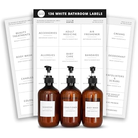 Minimalist Bathroom Labels for Organizing - 136 White Bathroom Labels for Containers - Labels for Bathroom Containers & Makeup Organizer - Soap Labels Shampoo Labels Bathroom Storage Containers Cover