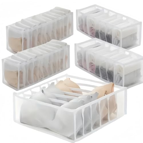 thumbgeek - Cajas de almacenamiento plegables para cajón, organizadores de nailon para ropa interior, calcetines, diseño de cuadros (5 piezas), color blanco