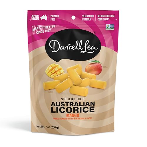 Darrell Lea Soft Australian Licorice, Non-GMO, No Palm Oil, Plant Based, No High Fructose Corn Syrup, Soft & Chewy Licorice Candy, Made in Australia (Mango, 7 Ounce (Pack of 1))