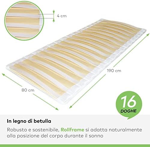 EVERGREENWEB - Double roll-up bed base 140x190 cm with birch wood slats, roll-up slatted mat, suitable for all mattresses. Made in Italy