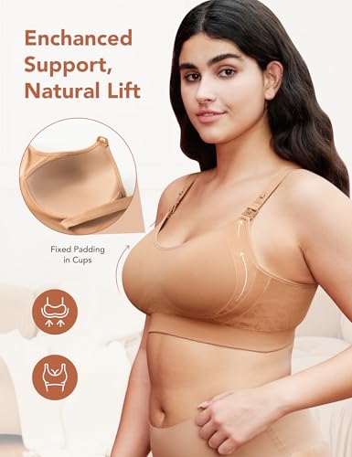 Image of HOFISH Nursing Bra for Breastfeeding with Fixed Pad, TwinClips Wearable Pump Bra, Adjustable Comfort Maternity Bra for Pregnancy, Brown, XL