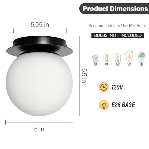 Image of Modern Black Globe Wall Sconce,Single Light with Milk Glass Shade | 6 inch Minimalist Spherical Vanity Sconces,Contemporary Small Brass Ball Lights Fixture for Entryway Bedside Bathroom,E26 Base