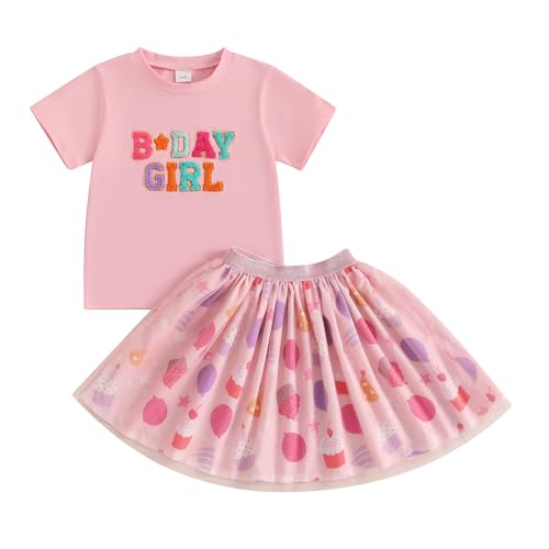Hekkomird Toddler Girl Birthday Outfits Cute Letter Embroidery Short Sleeve T-Shirt Top Cake Balloon Print Party Tutu Skirt (Pink, 2-3T)