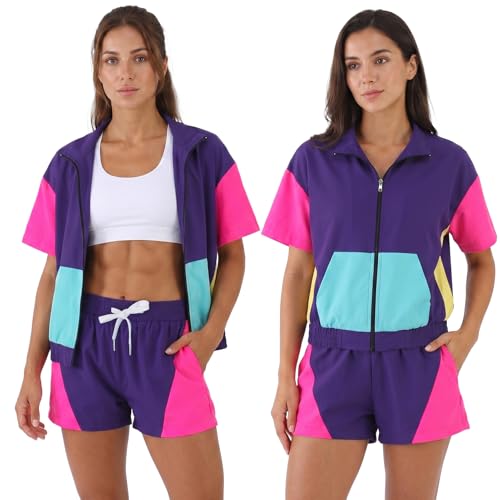ZhouBoat Women's 80s 90s Color Block Outfit Deep Purple Color Block M