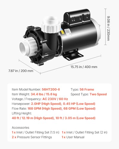 Image of VEVOR SPA Pump 2HP Hot Tub Pump 2 Speed 56 Frame with 1.5 inch & 2 inch Port, 230V, 168 GPM High Speed & 68 GPM Low Speed, 90 Rotational Interface, SPA Bath Water Circulation, Compatible with OEM Models