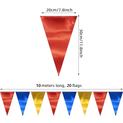 Image of 40M /130FT Gold Blue Red Triangle Pennant Banner Flag Metallic Fabric Bunting Garland for Christmas Graduation, Independence Day, 4th of July, Patriotic Themed Party Decoration